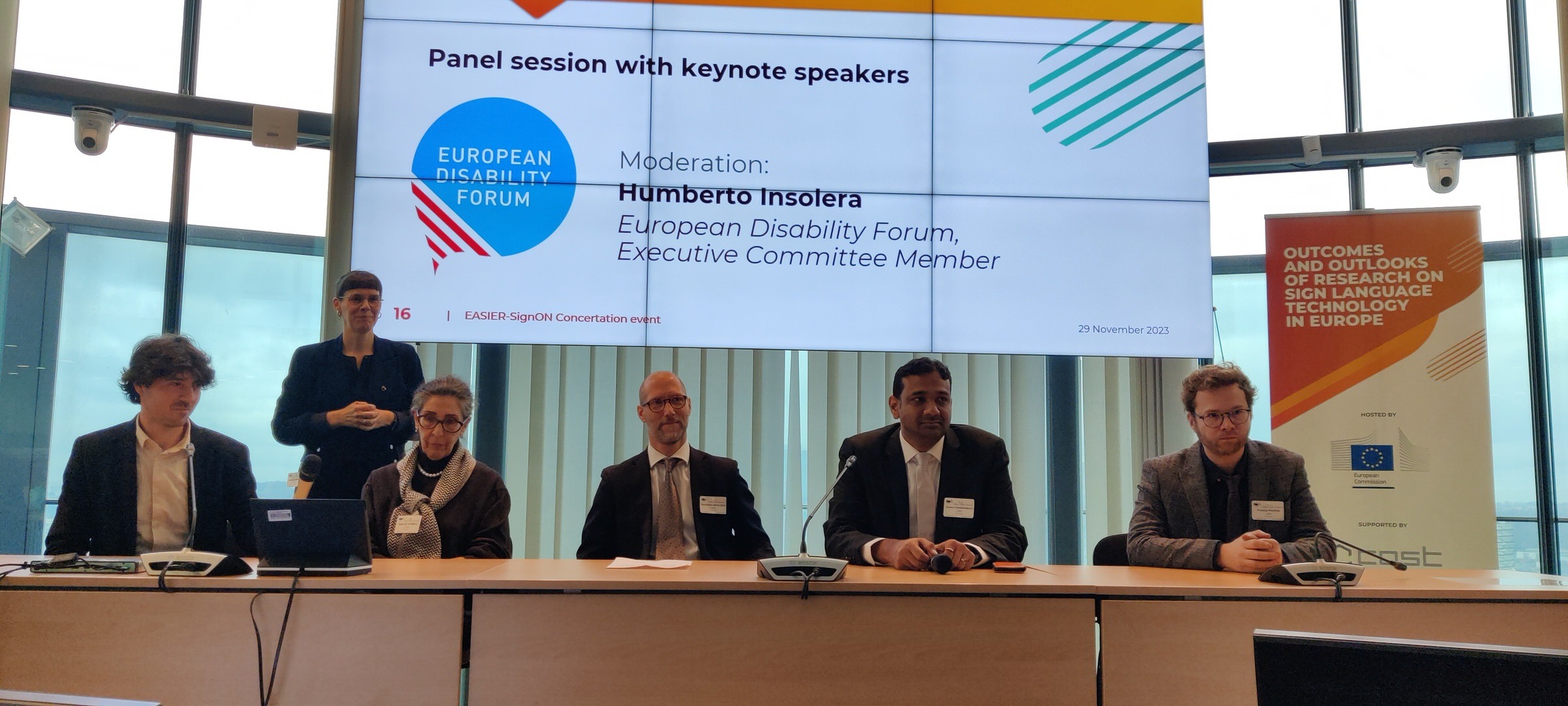 Panel discussion moderated by Humberto Insolera (Executive Committee Member of the European Disability Forum) explored the way forward for sign language research in Europe. The panel included Frankie Picron (SignON, EASIER, EUD), Dimitar Shterionov (SignON), Eleni Efthimiou (EASIER), and Krishna Chandramouli (LEAD-ME)